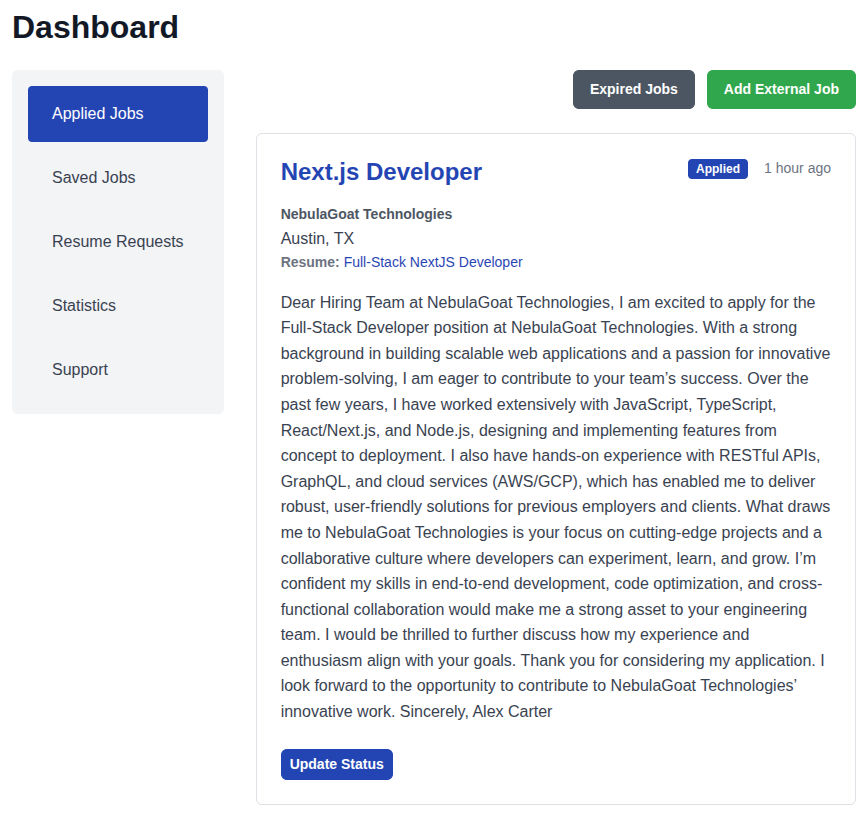 Job Applications in Candidate Dashboard