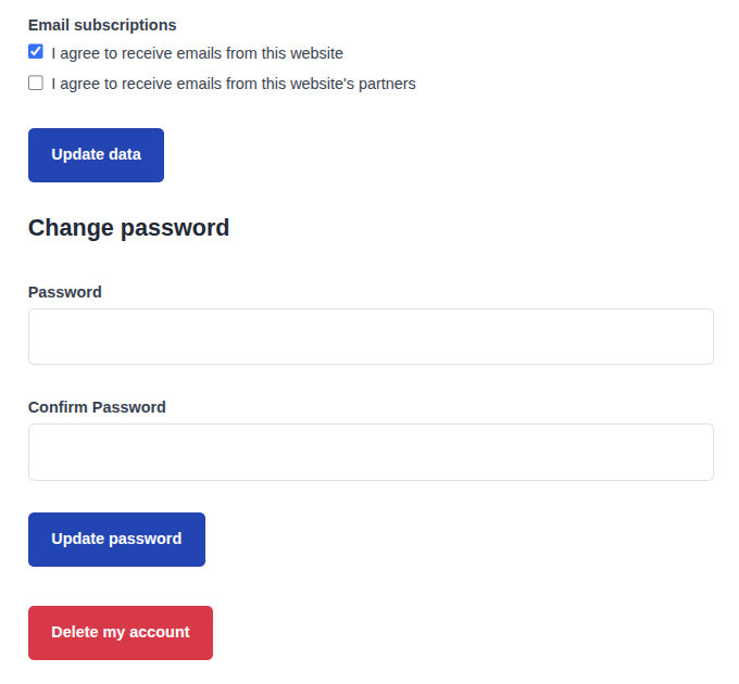 Profile Page Subscriptions Password and Delete Account Section