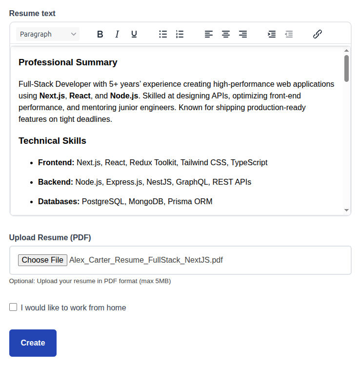 Resume Creation - Resume Text and File Upload